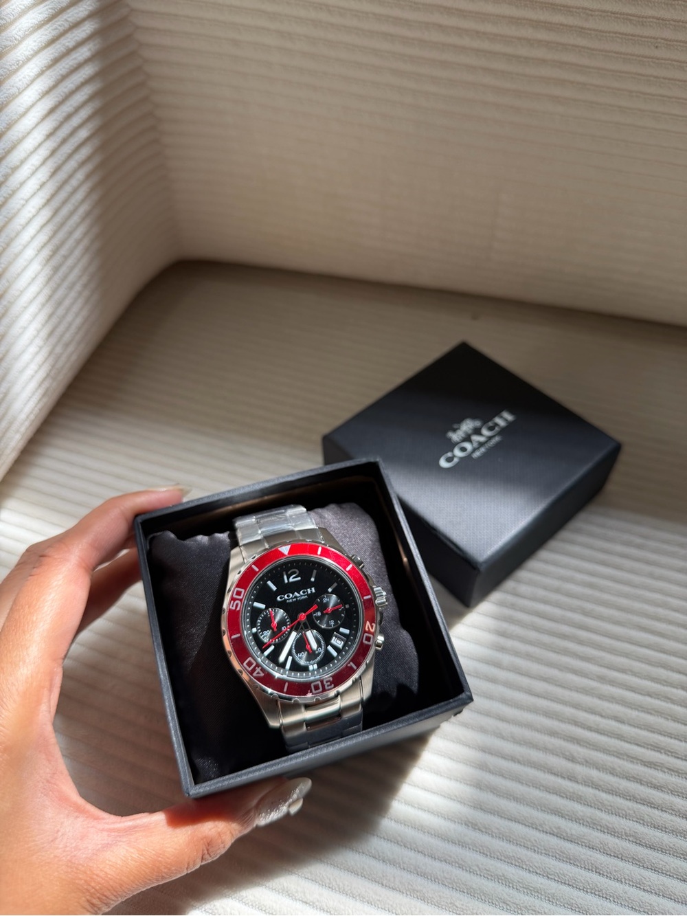 COACH Men's Stainless Steel Watch with Red Bezel and Black Dial